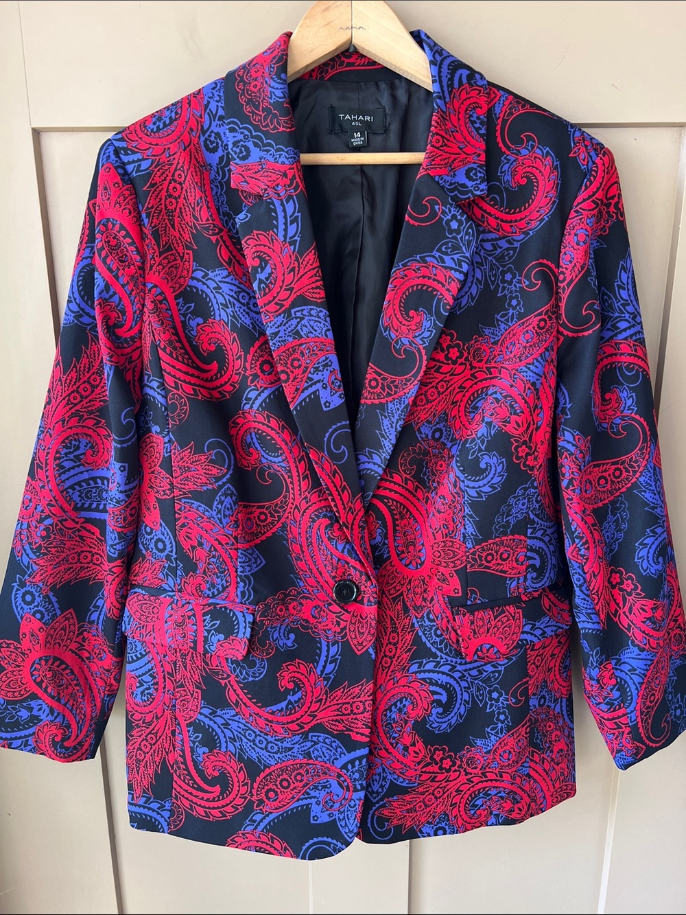 Tahari ASL Sz 14 Women’s Statement Bold Purple Red Paisley Blazer